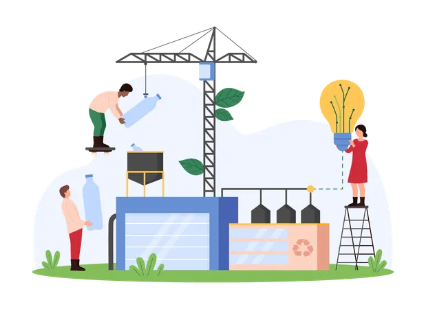 ペットボトルリサイクルの自動化に取り組む人々  イラスト