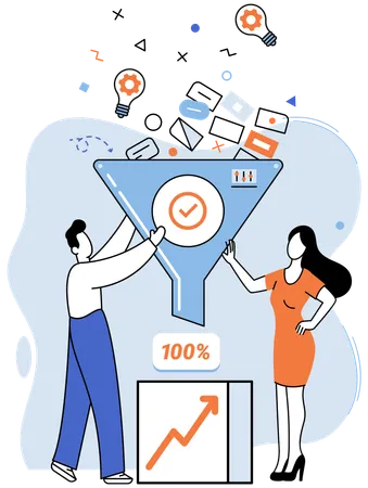 People working on business data filtering  Illustration