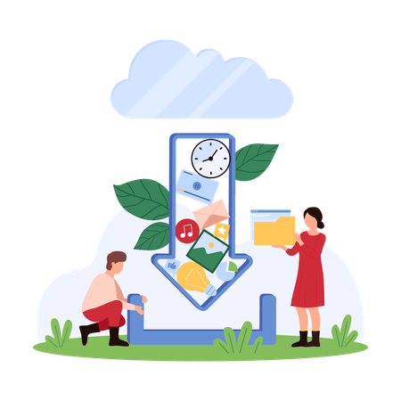 People working on cloud data download using mobile app  Illustration