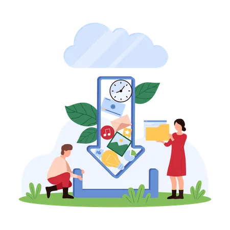 People working on cloud data download using mobile app  Illustration