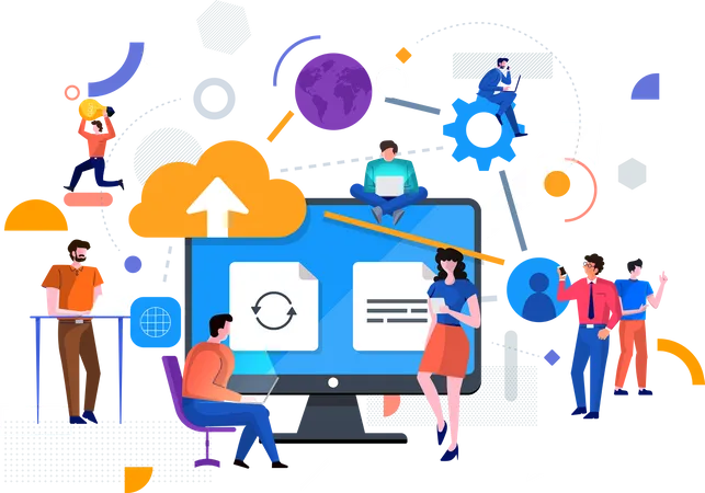 Illustrations Flat Design Concept Cloud Service Technology People Teamwork Working Together For Success Business Decorate With Geometric Graphic Icons Vector Illustrate Illustration
