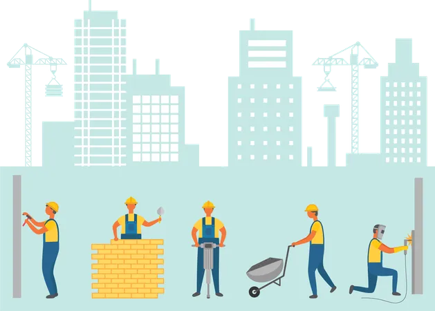 City Workers With Equipments Ad Tools Vector Workmen And Cityscape With Crane And Lifters Male With Bricks And Carriage Drilling Instrument Machine Illustration