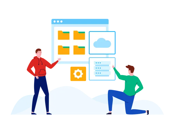 People working on database server  Illustration