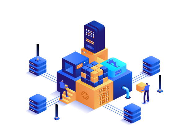 People working on digital money mining farm with server rack  Illustration