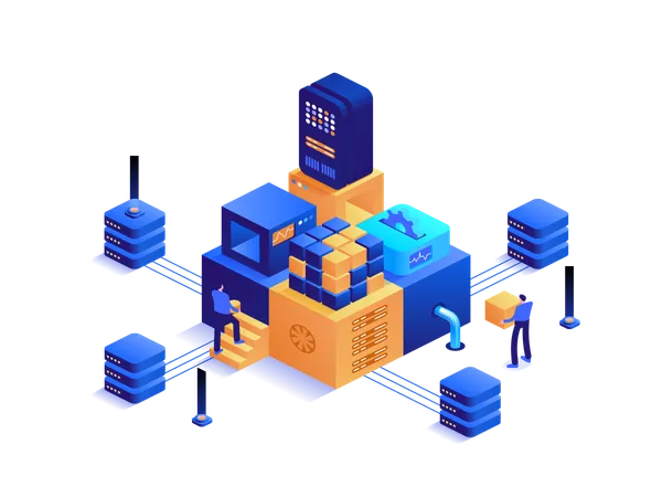 People working on digital money mining farm with server rack  Illustration