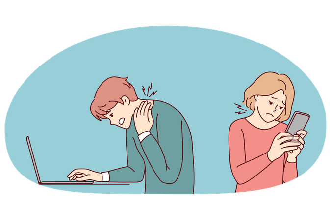 People working on gadgets suffer from backache  Illustration