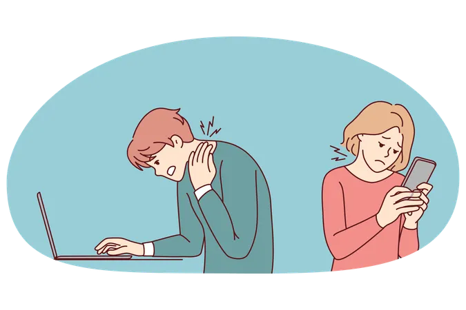People working on gadgets suffer from backache  Illustration