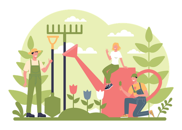 People working on garden with equipment  Illustration
