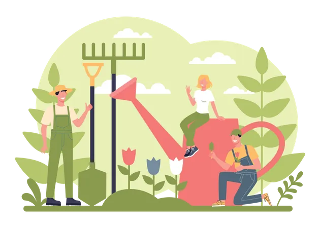 People working on garden with equipment Illustration
