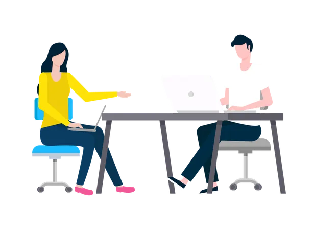 Man And Woman Working Vector Colleagues With Laptop And Computer Programming People Flat Style Person Sitting By Table With Coworker In Office Illustration