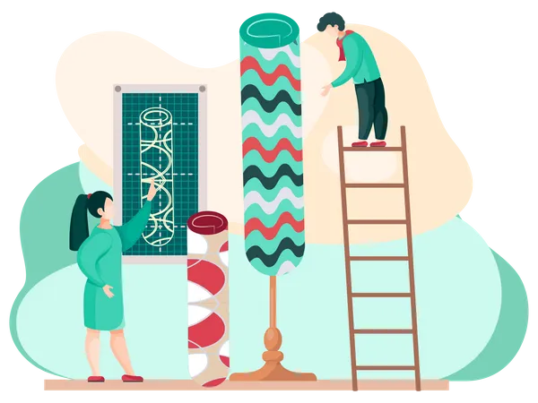 Men Are Working On Design Of New Rug Choose Size And Pattern Interior Shop Manufacture Of Carpets Concept People Stand Holding Textile Product Design Template Communicate Discuss Layout Illustration