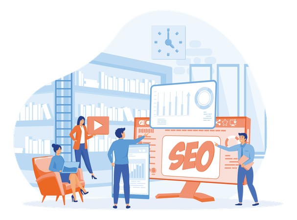 People Working On Seo Analysis And Marketing Strategy For Website And Mobile Website  Illustration