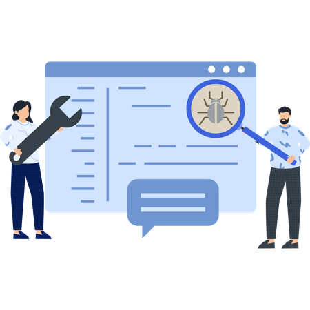 People working on software debugging  Illustration