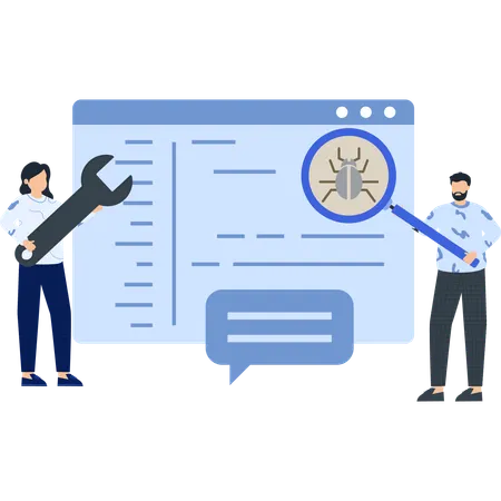 People working on software debugging  Illustration