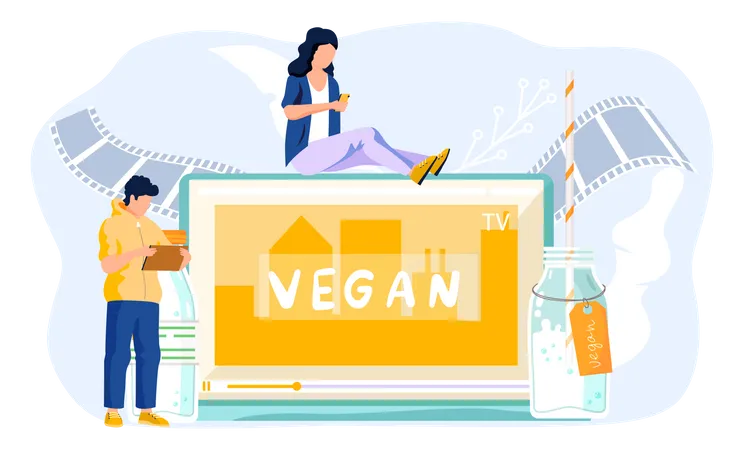 Guy Stands With Tablet And Works Or Studies At A Distance Girl Sits On The Monitor With A Phone In Her Hands And Communicates At A Distance Tablet Screen With Inscription Vegan Milk In Bottle Illustration