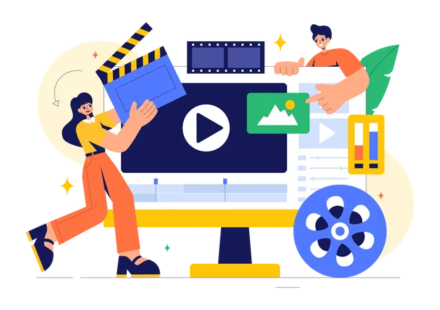 People working on video editor  Illustration