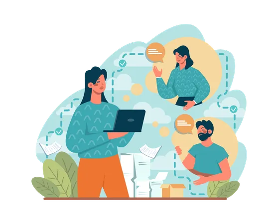 Networking Employees Collaboration Establishment Of Partnerships Working Office Characters Posting And Sharing Business Ideas Vector Flat Illustration Illustration