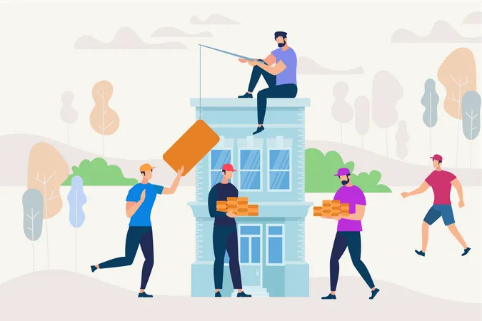 People Working Together to Build New House Illustration