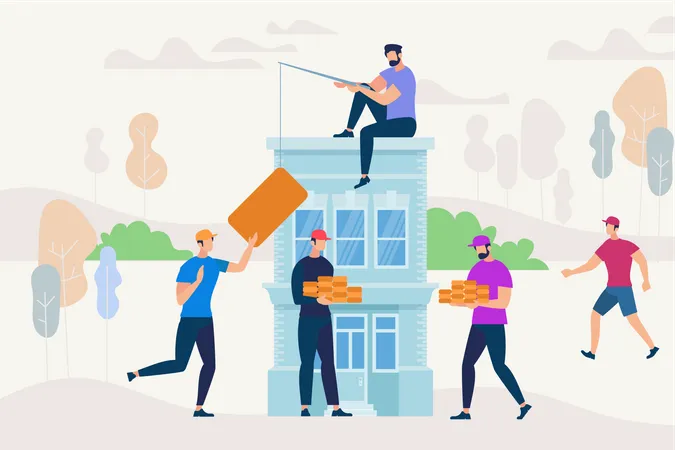 People Working Together to Build New House  Illustration