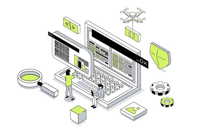 People working with code at laptop screen,  Illustration