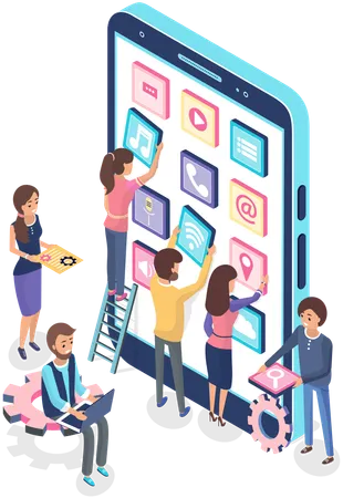 People working with development of mobile program for smartphone  Illustration