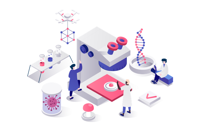 People working with microscope,  Illustration