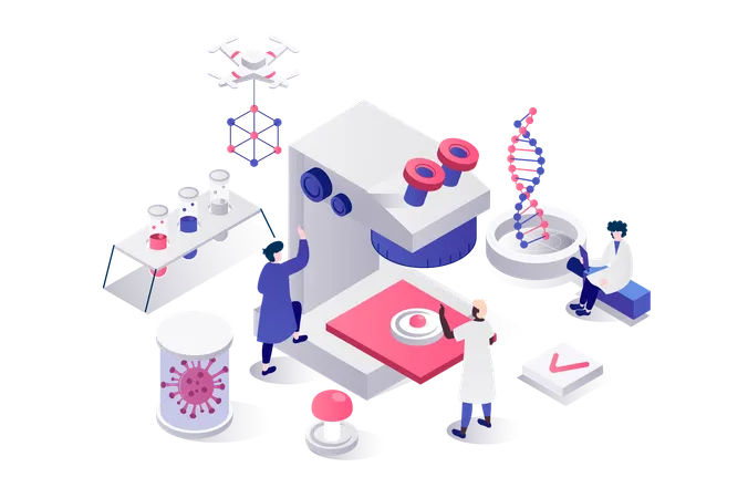 People working with microscope,  Illustration