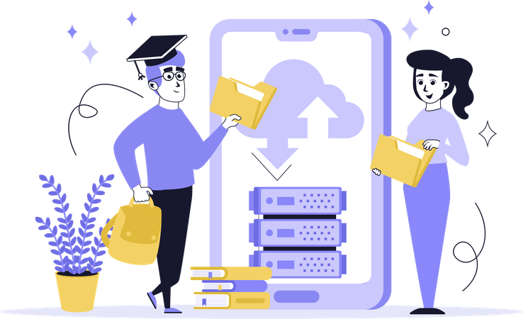 People working with online education server  Illustration