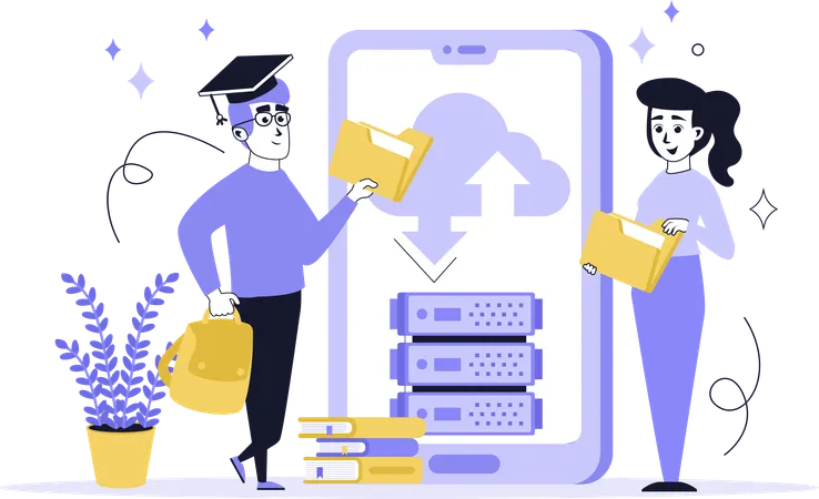 People working with online education server  Illustration