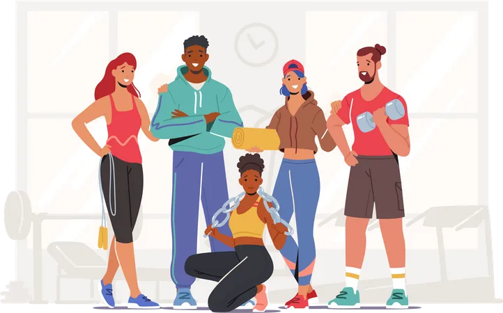 People Workout Together In Gym Illustration