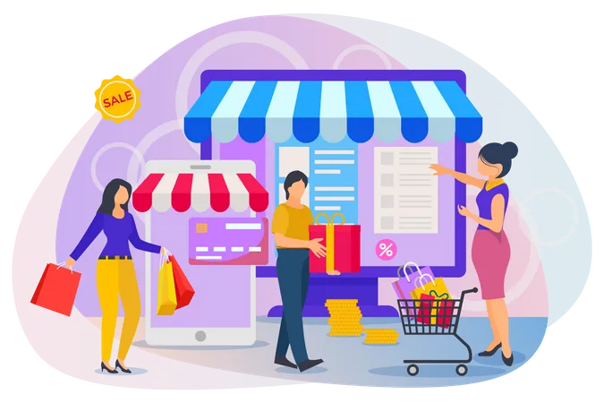 Peoples selecting items and making payment on online shopping website Illustration