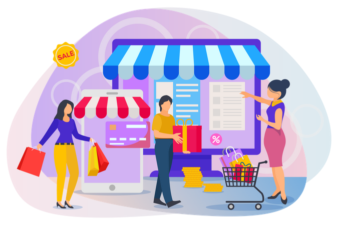 Peoples selecting items and making payment on online shopping website  Illustration