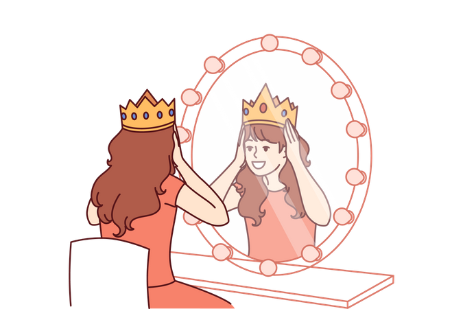 Pequena atriz experimenta coroa sentada perto de espelho e sonha em fazer papel de princesa no teatro  Ilustração