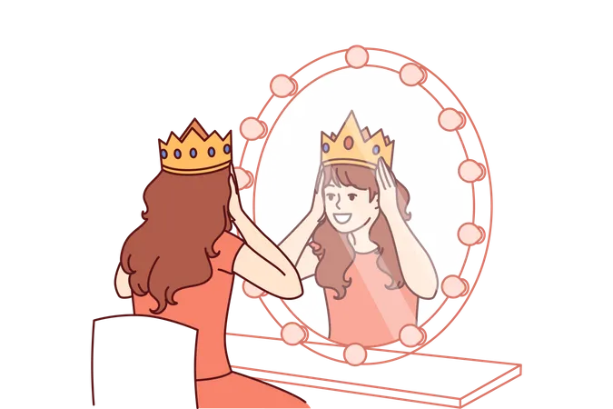 Pequena atriz experimenta coroa sentada perto de espelho e sonha em fazer papel de princesa no teatro  Ilustração