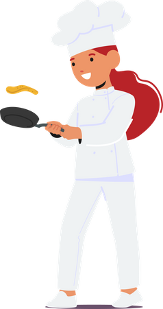 Niña Chef Con Flips Panqueques En Una Sartén Chisporroteante  Ilustración