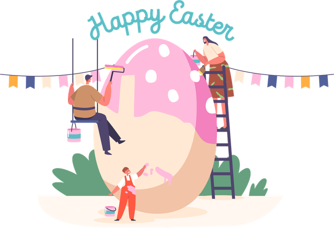Padre y niño pintan un huevo enorme para las vacaciones de primavera  Ilustración