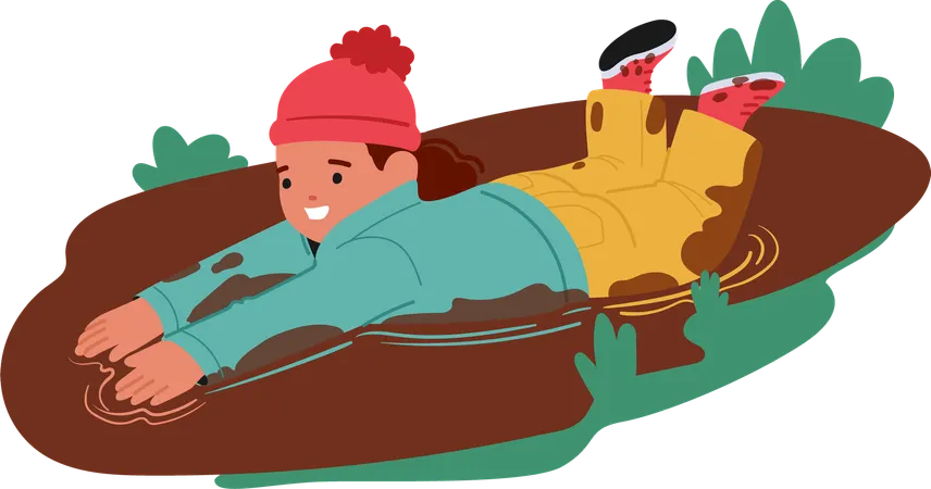 Pequeña niña traviesa en edad preescolar chapoteando en un charco de barro  Ilustración