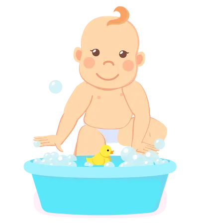 Pequeño bebé bañándose en la bañera  Ilustración