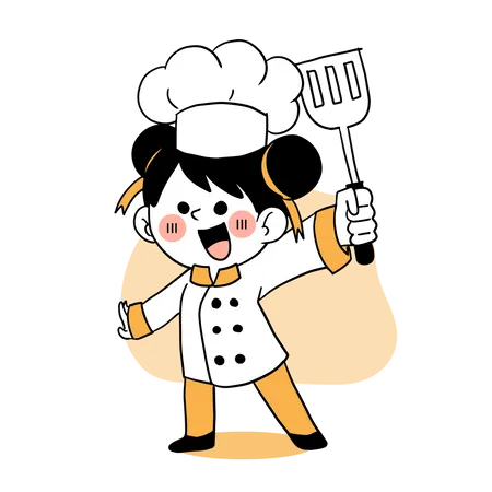 Pequeño chef feliz sosteniendo una espátula  Ilustración