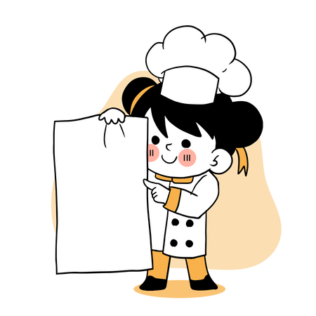 Pequeño chef mostrando menú diario.  Ilustración