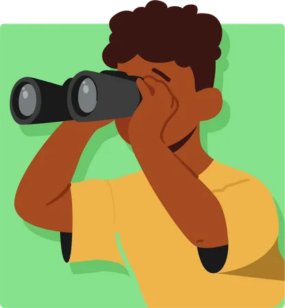 Pequeño espía mirando a través de binoculares  Ilustración