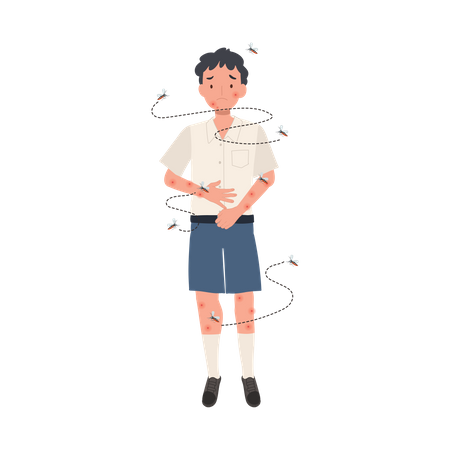 Pequeno estudante tailandês com picadas de mosquito coçando a pele  Ilustração