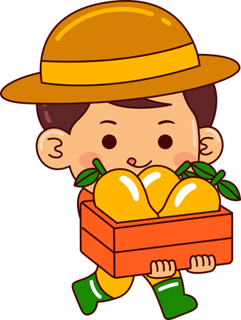 Pequeño granjero sosteniendo mango horneado  Ilustración