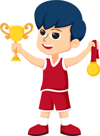 Pequeño jugador de baloncesto sosteniendo trofeo y medalla  Ilustración