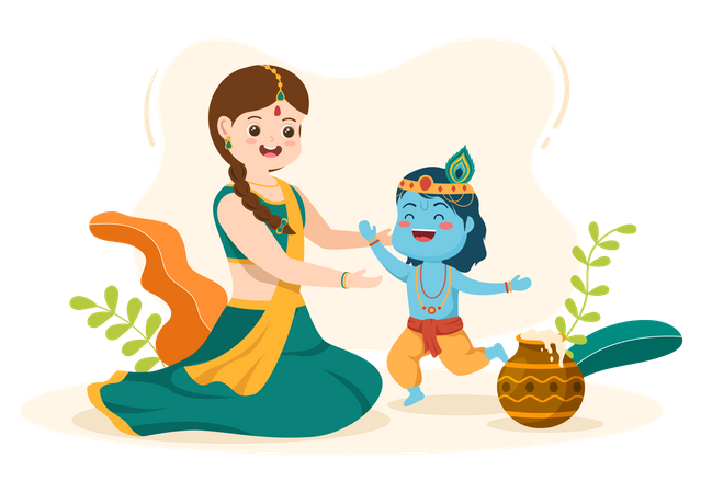 Pequeno Krishna com mãe Yashoda  Ilustração