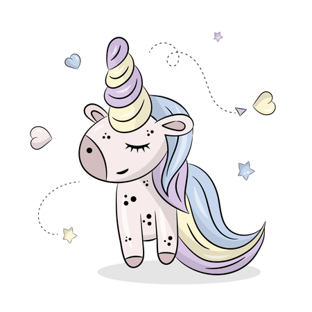 Un pequeño y lindo unicornio sobre un fondo blanco con estrellas  Ilustración