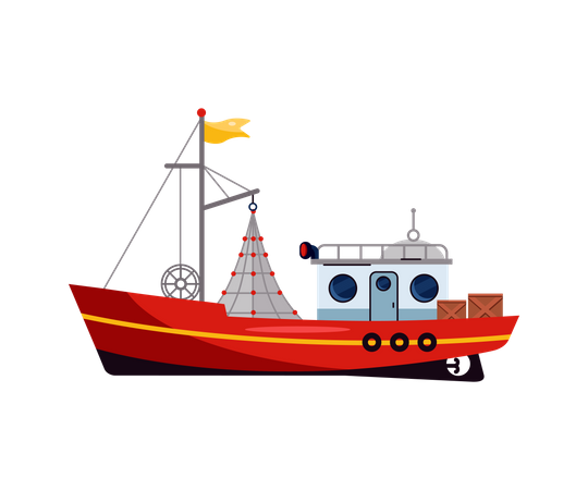 Pequeno navio marinho, barco de pesca marítima ou oceânica  Ilustração