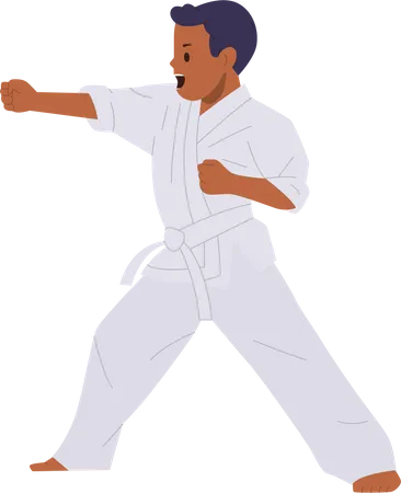Un niño de karate con uniforme blanco y entrenamiento con cinturón en la práctica de entrenamiento de artes marciales  Ilustración