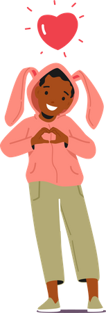 Pequeño niño negro muestra gesto de amor con corazón rojo sobre la cabeza  Ilustración