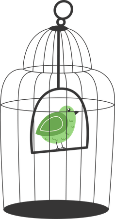 Pequeño pájaro cantor verde en un columpio dentro de una jaula de alambre moderna  Ilustración
